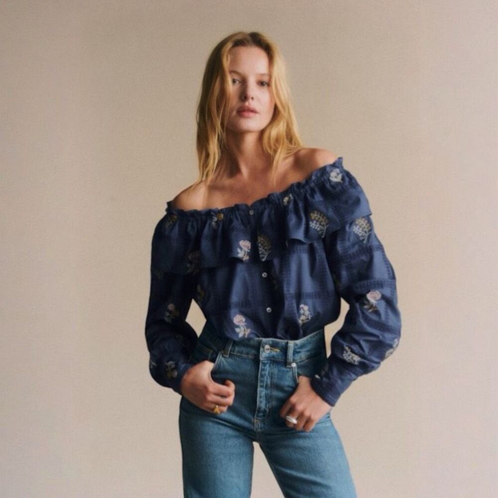 Sezane Garancine Off Shoulder Embroidered Shirt